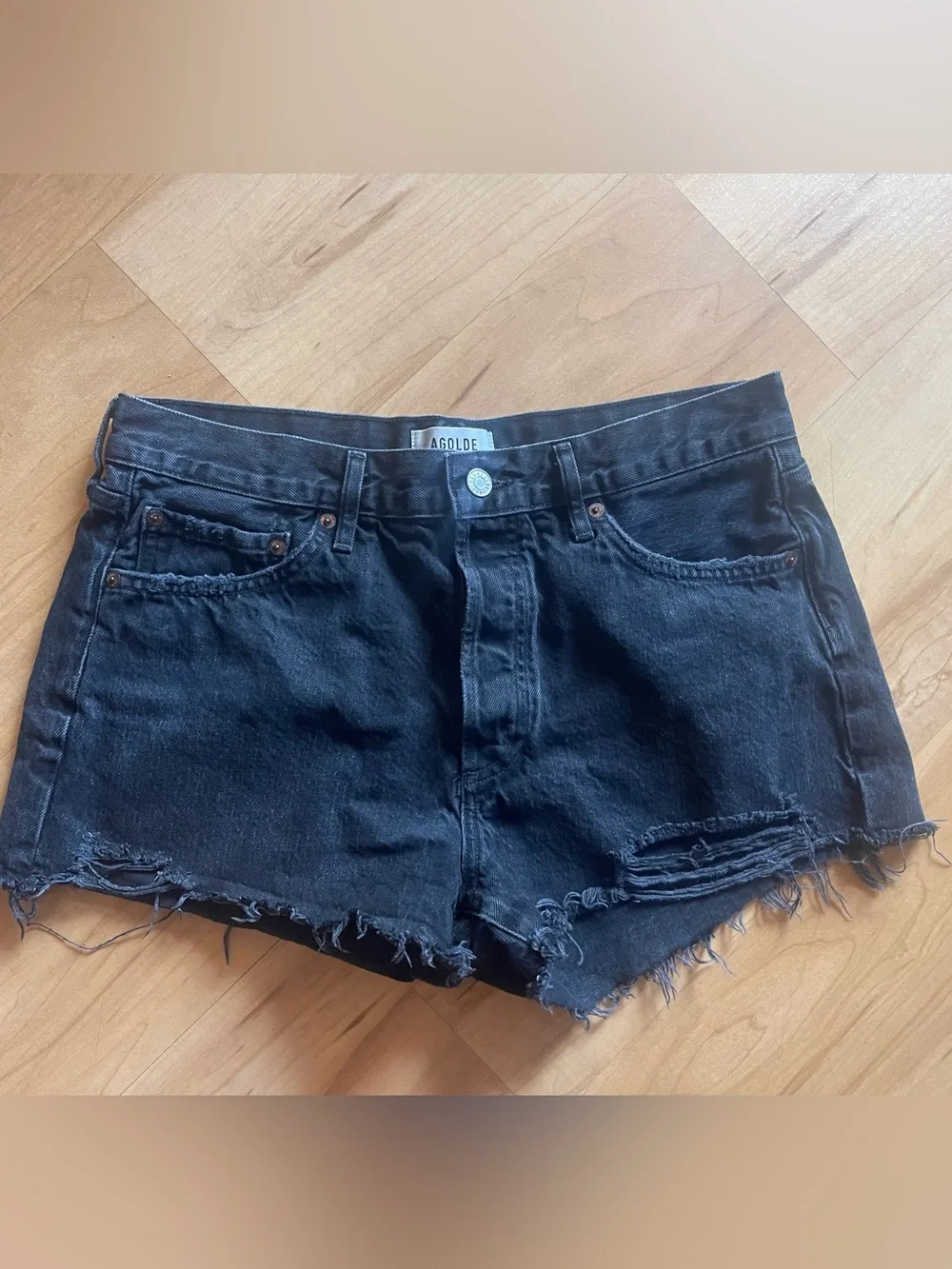 Agolde Parker black distressed jean denim shorts 28 Raw Hem High Waisted